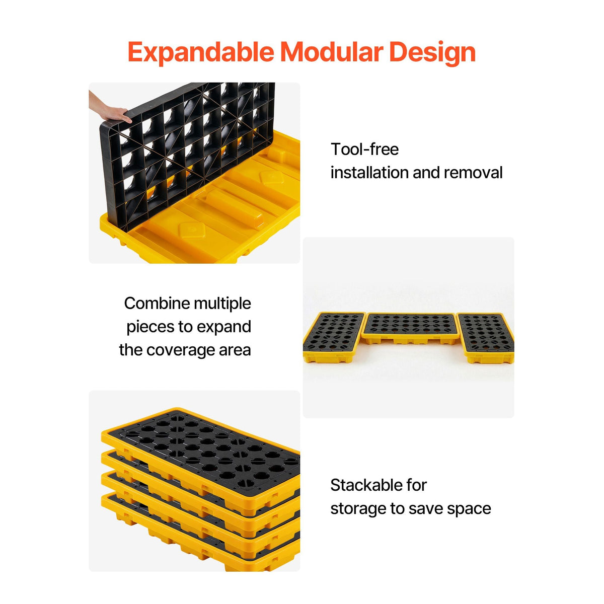 Spill Containment Pallet, 2 Drum Low Profile Spill Containment Modular Platform, 21 Gallon Sump, 4409 lbs Load Capacity, Heavy-Duty Polyethylene Tray with Drain, 51.8" x 26.8" x 5.9", Yellow