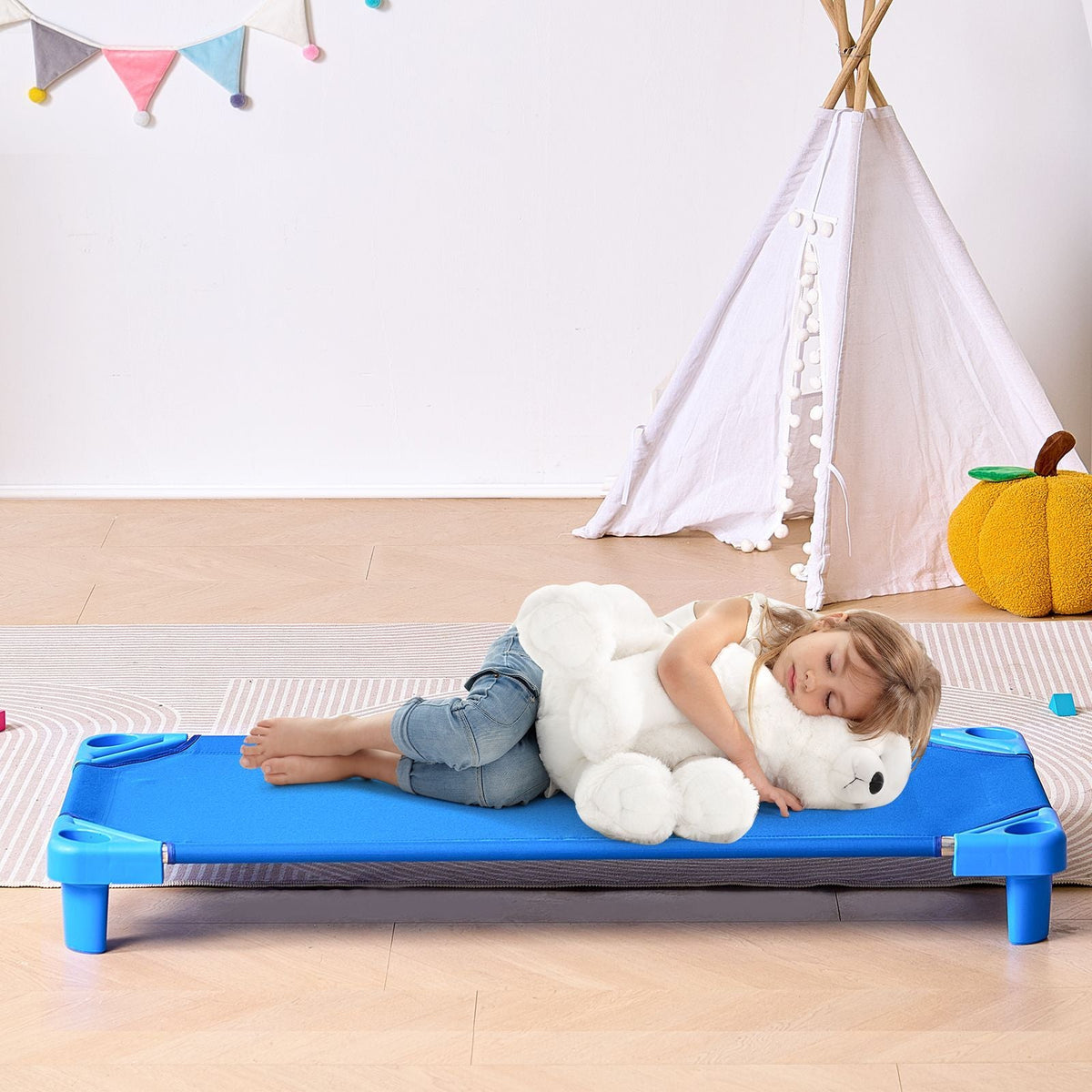 Stackable Kiddie Cot, Pack of 4, Portable Toddler Nap Cots, Standard Size 52" L x 23" W Daycare Cots for Kids, Preschool Classroom Daycare Beds for Sleeping, Resting, Naptime, Blue