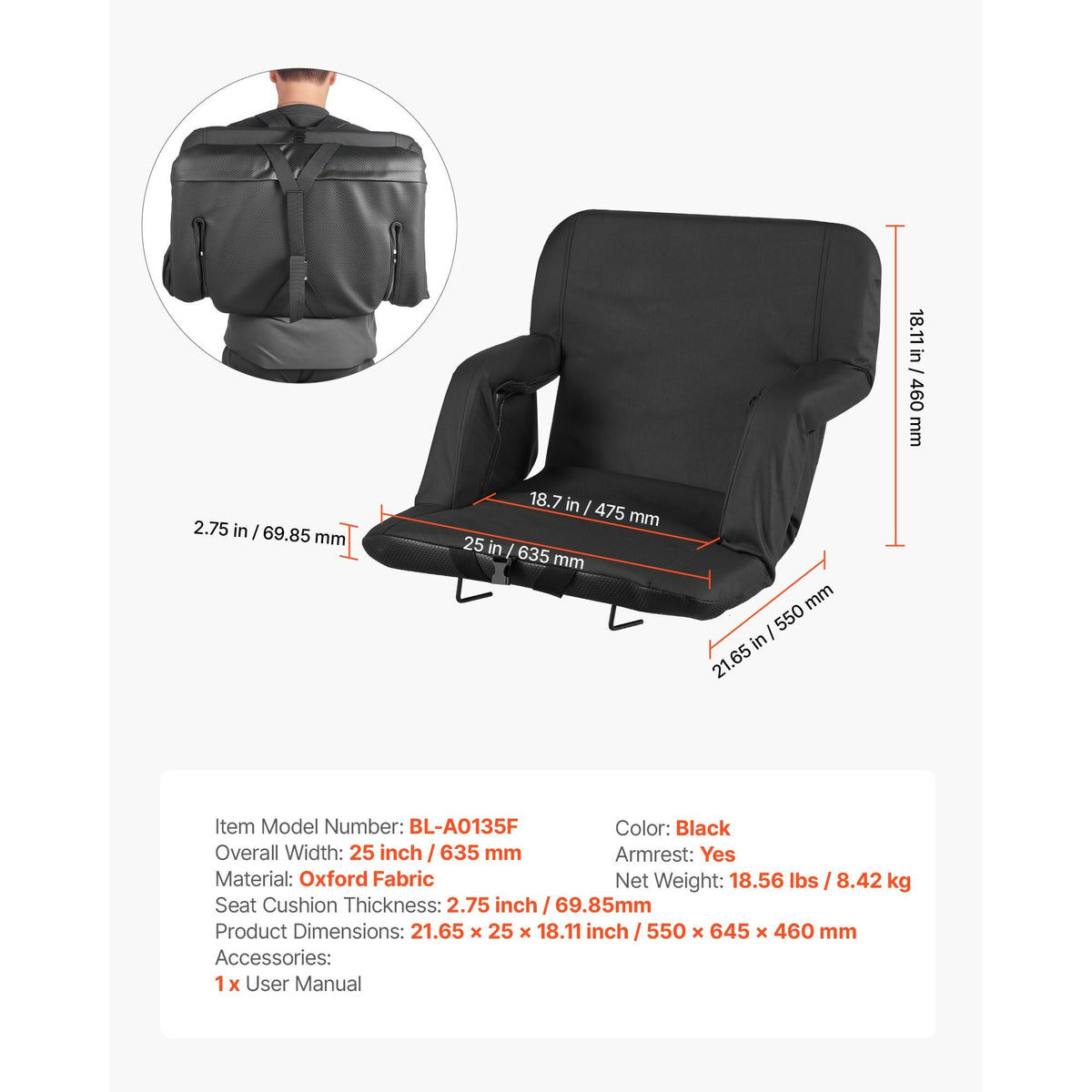 Stadium Seat, 6 Adjustable Angle Bleacher Chair, 2.75'' Cushion Stadium Seat with Back Support and Armrest, Wide Bleacher Chair with Hook Pocket Cupholder for Picnics, Beach Sports, and Gaming