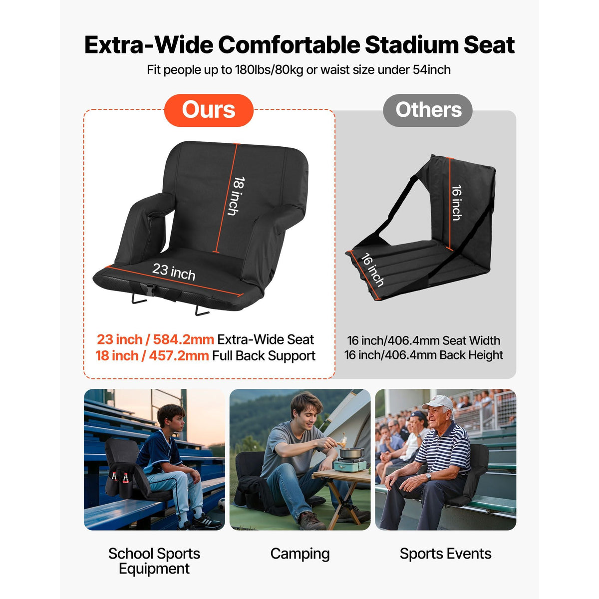 Stadium Seat, 6 Adjustable Angle Bleacher Chair, 2.9'' Cushion Stadium Seat with Back Support and Armrest, Wide Bleacher Chair with Hook Pocket Cupholder for Picnics, Beach Sports, and Gaming