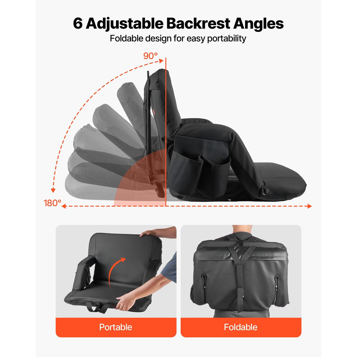 Stadium Seat, 6 Adjustable Angle Wide Bleacher Chair, 2.9'' Cushion Padded Stadium Seat with Armrest and Back Support, Stadiums Chair with Hook Cupholder for Picnics, Beach Sports, and Gaming