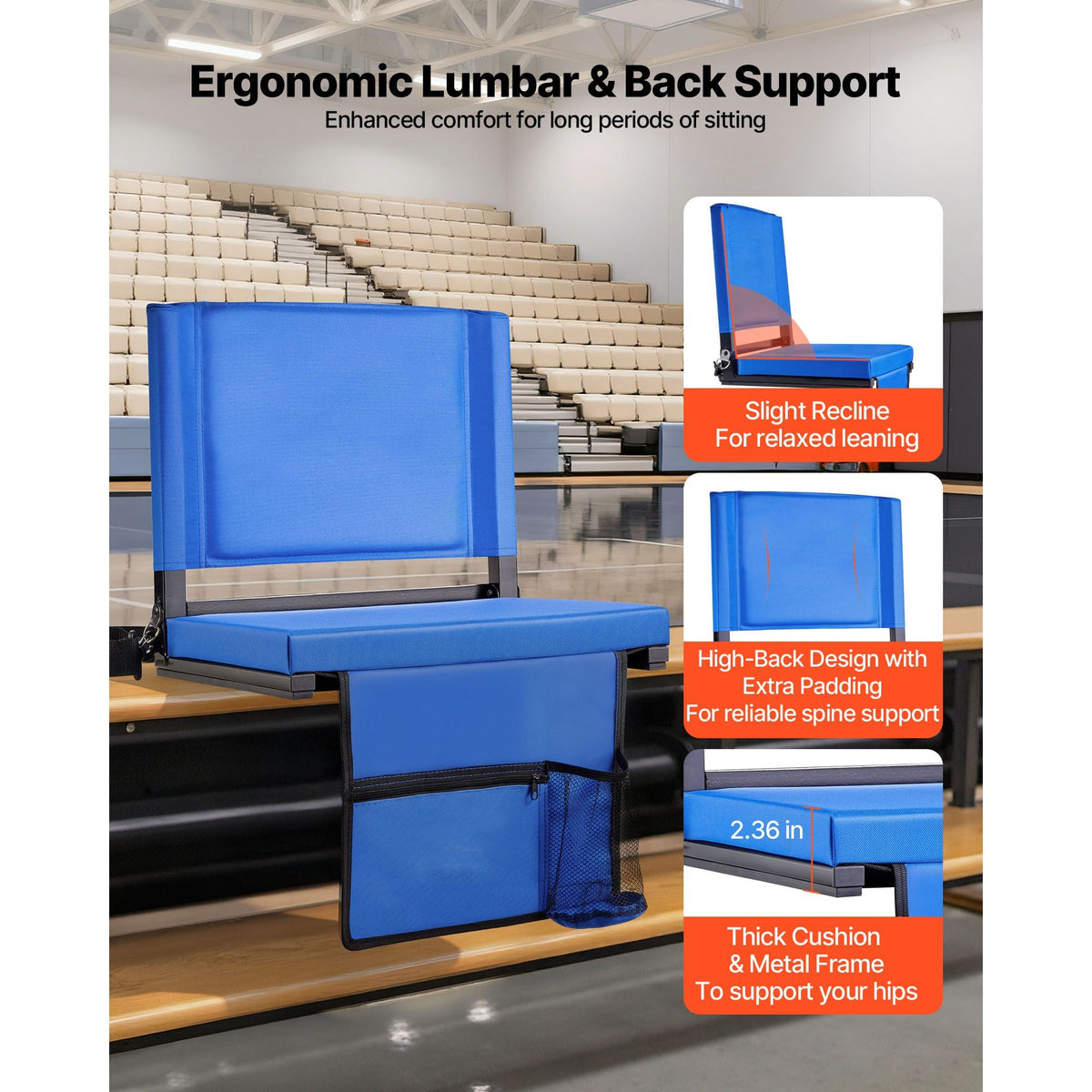 Stadium Seat, Folding Bleacher Seat with Back Support & Thick Cushion, Padded Stadium Seats for Bleacher Includes Shoulder Strap, Hooks, Cup Holder, and Side Pocket, Blue Bleachers Chair