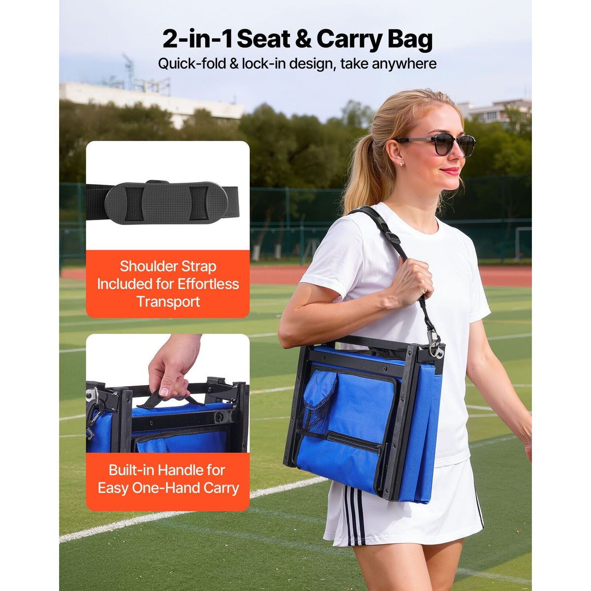 Stadium Seat, Folding Bleacher Seat with Back Support & Thick Cushion, Padded Stadium Seats for Bleacher Includes Shoulder Strap, Hooks, Cup Holder, and Side Pocket, Blue Bleachers Chair