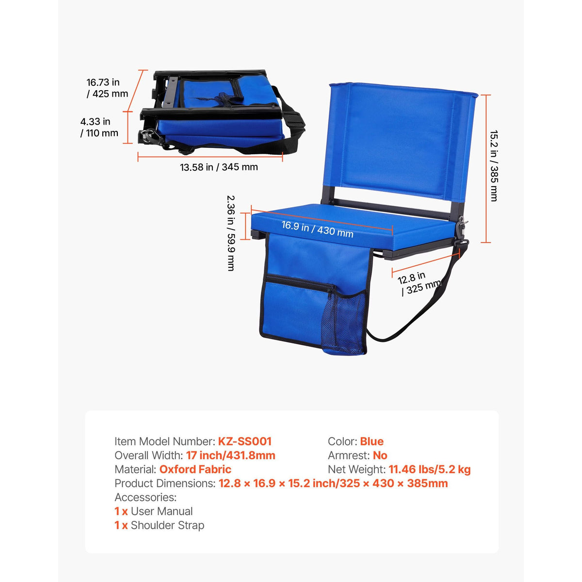 Stadium Seat, Folding Bleacher Seat with Back Support & Thick Cushion, Padded Stadium Seats for Bleacher Includes Shoulder Strap, Hooks, Cup Holder, and Side Pocket, Blue Bleachers Chair