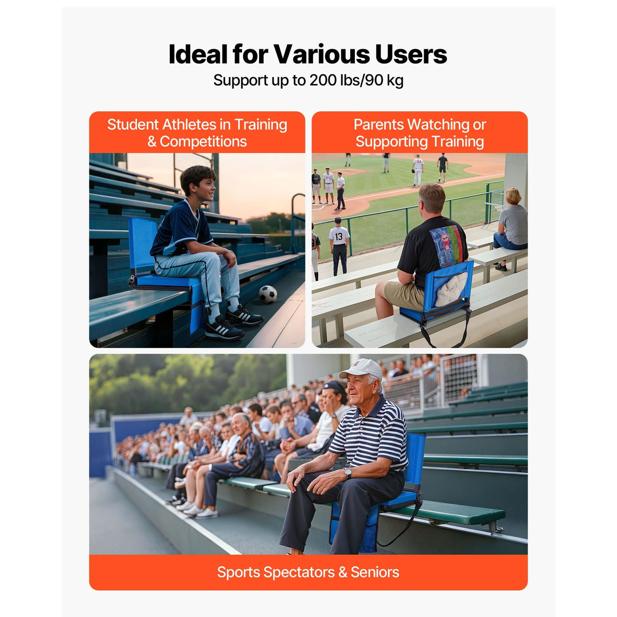 Stadium Seat, Folding Bleacher Seat with Back Support & Thick Cushion, Padded Stadium Seats for Bleacher Includes Shoulder Strap, Hooks, Cup Holder, and Side Pocket, Blue Bleachers Chair