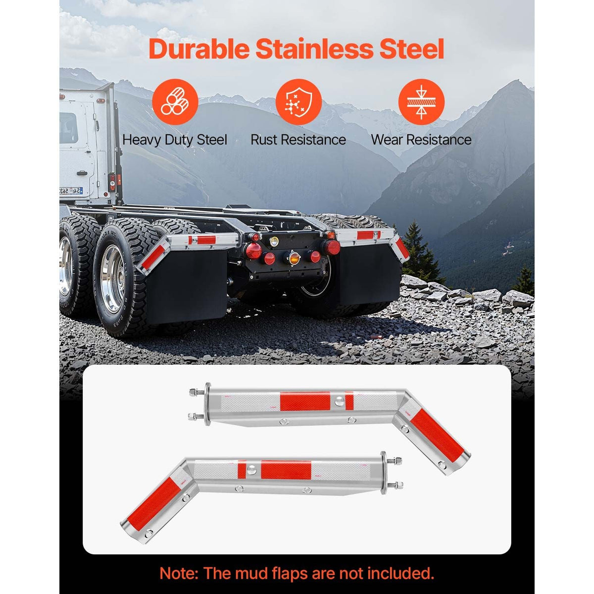 Stainless Steel Angled Spring Loaded Mud Flap Hangers, 2-1/2" Bolt Spacing Mudflap Hangers for Semi Trucks, 1 Pair Heavy Duty Semi Truck Mud Flap Hanger Set with Reflective Strips, Silver