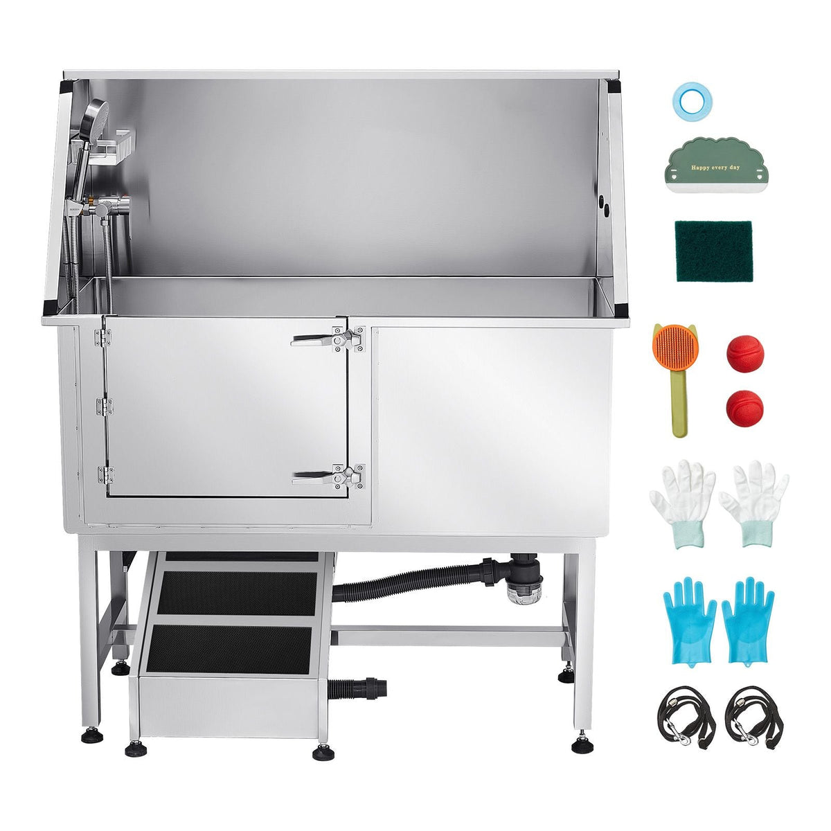 Stainless Steel Dog Washing Station, 50 inch Pet Grooming Tub w/ Ramp, PE Water Filter Board, Faucet & Showerhead & Soap Holder Dog Bathtub for Large & Medium & Small Pets (Left Door)