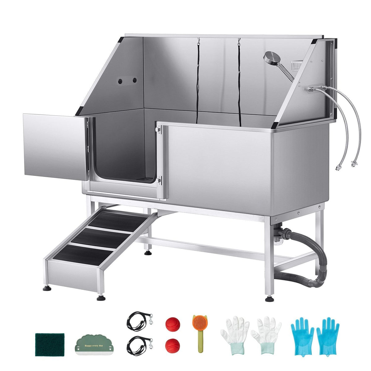 Stainless Steel Dog Washing Station, 62 inch Pet Grooming Tub w/ Ramp, PE Water Filter Board, Faucet & Showerhead & Soap Holder Dog Bathtub for Large & Medium & Small Pets (Left Door)