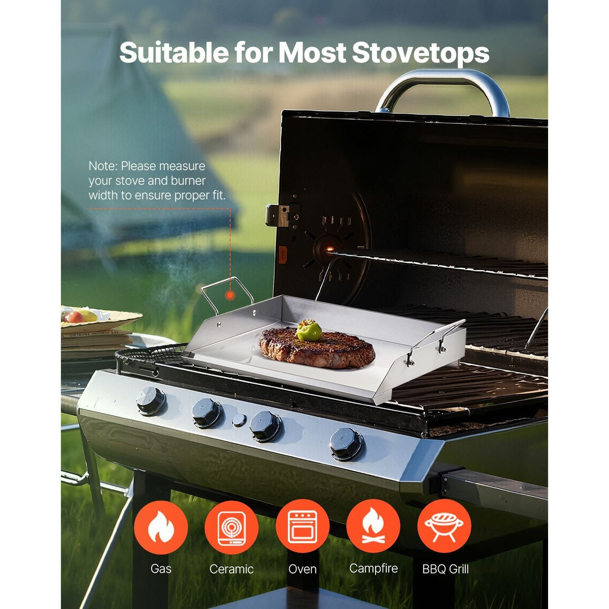 Stainless Steel Griddle, 18x16 inch Universal Flat Top Rectangular Plate, Gas Grill Griddle for BBQ Grill, Teppanyaki, Portable Family Cookware with Handle, for Camping Tailgating Party