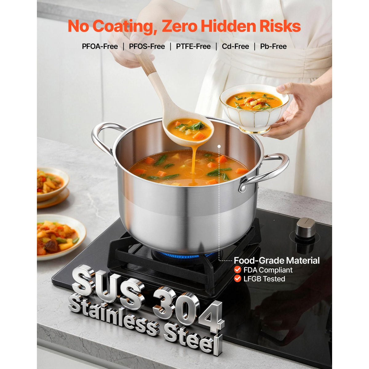 Stainless Steel Stock Pot, 8-Quart Stainless Steel Stockpot with Glass Lid, PFOA-Free, PFAS-Free, Compatible with Gas Stoves, Induction Cooktops, Electric Stoves, for Soups, Stews, and Pasta