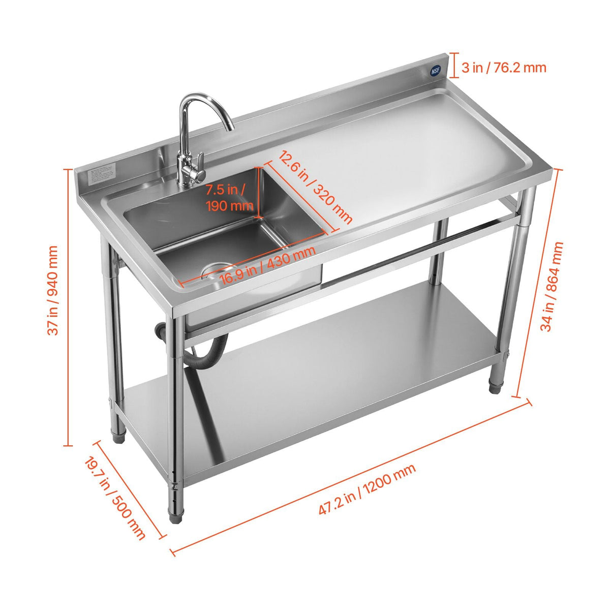 Stainless Steel Utility Sink, Free Standing Single Bowl Commercial Kitchen Sink with Faucet, Utility Right Basin Workbench with Hot & Cold Water Pipe for Garage Restaurant Laundry, 47x19.7x37 in