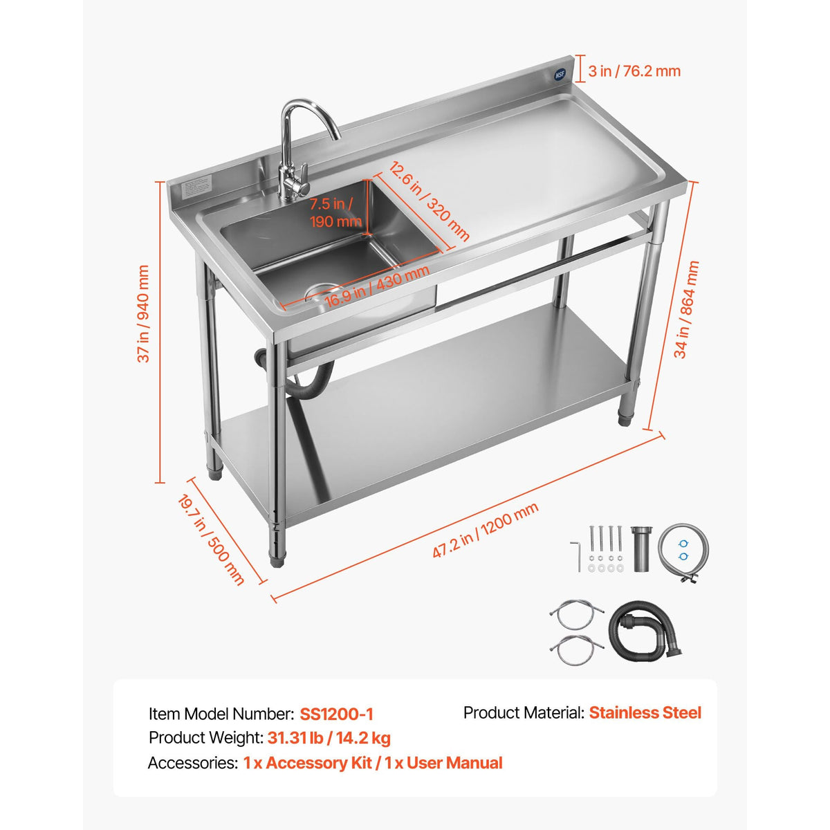 Stainless Steel Utility Sink, Free Standing Single Bowl Commercial Kitchen Sink with Faucet, Utility Right Basin Workbench with Hot & Cold Water Pipe for Garage Restaurant Laundry, 47x19.7x37 in