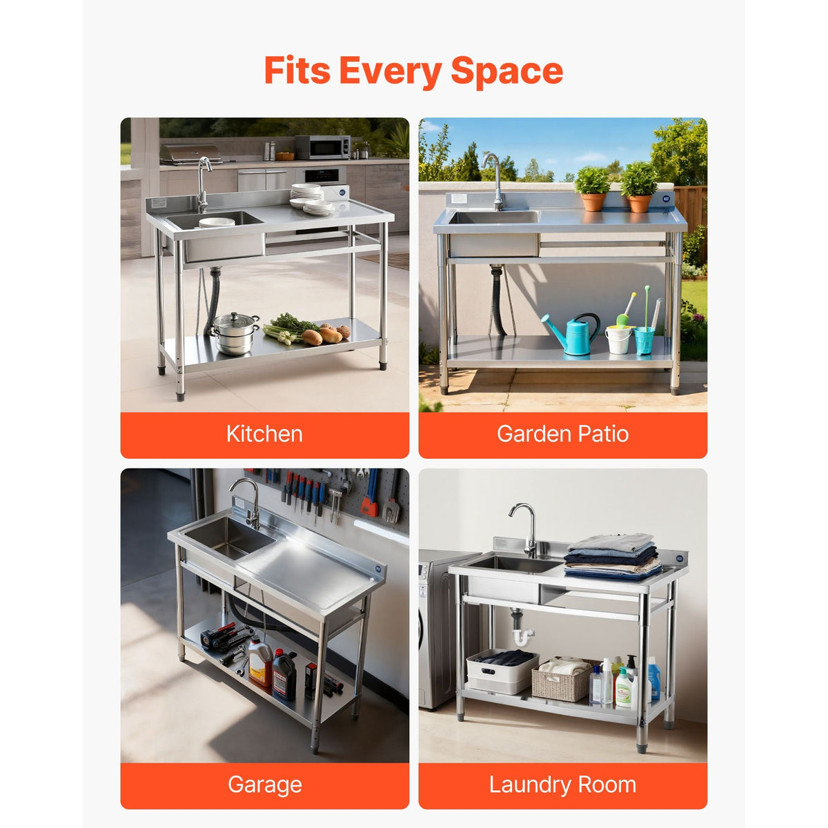 Stainless Steel Utility Sink, Free Standing Single Bowl Commercial Kitchen Sink with Faucet, Utility Right Basin Workbench with Hot & Cold Water Pipe for Garage Restaurant Laundry, 47x19.7x37 in