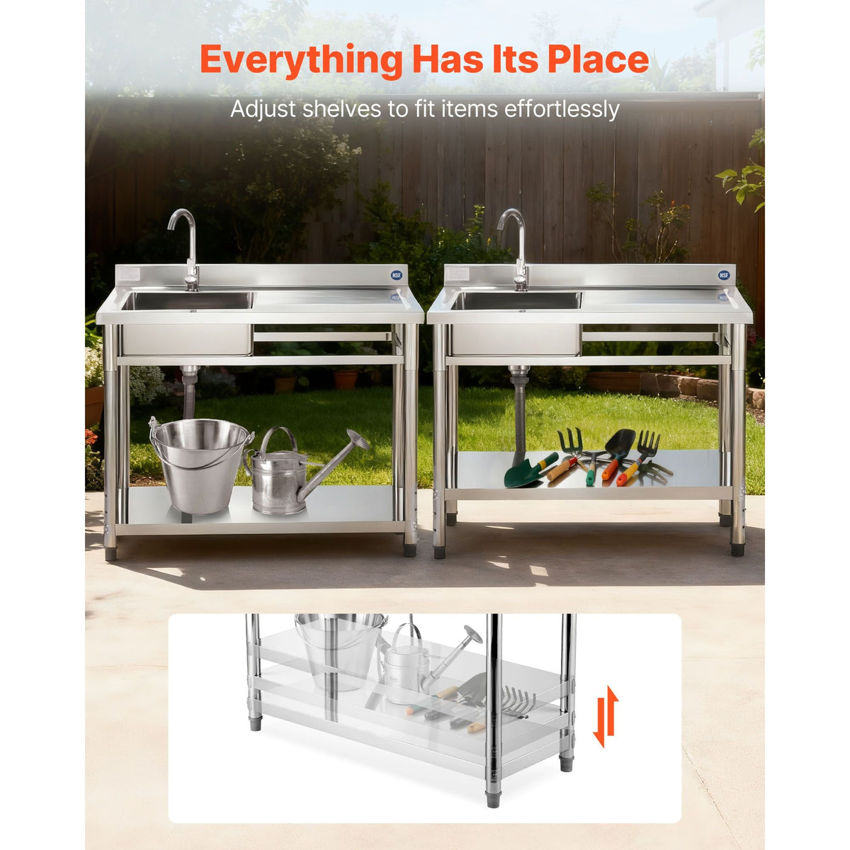 Stainless Steel Utility Sink, Free Standing Single Bowl Commercial Kitchen Sink with Faucet, Utility Right Basin Workbench with Hot & Cold Water Pipe for Garage Restaurant Laundry, 47x19.7x37 in