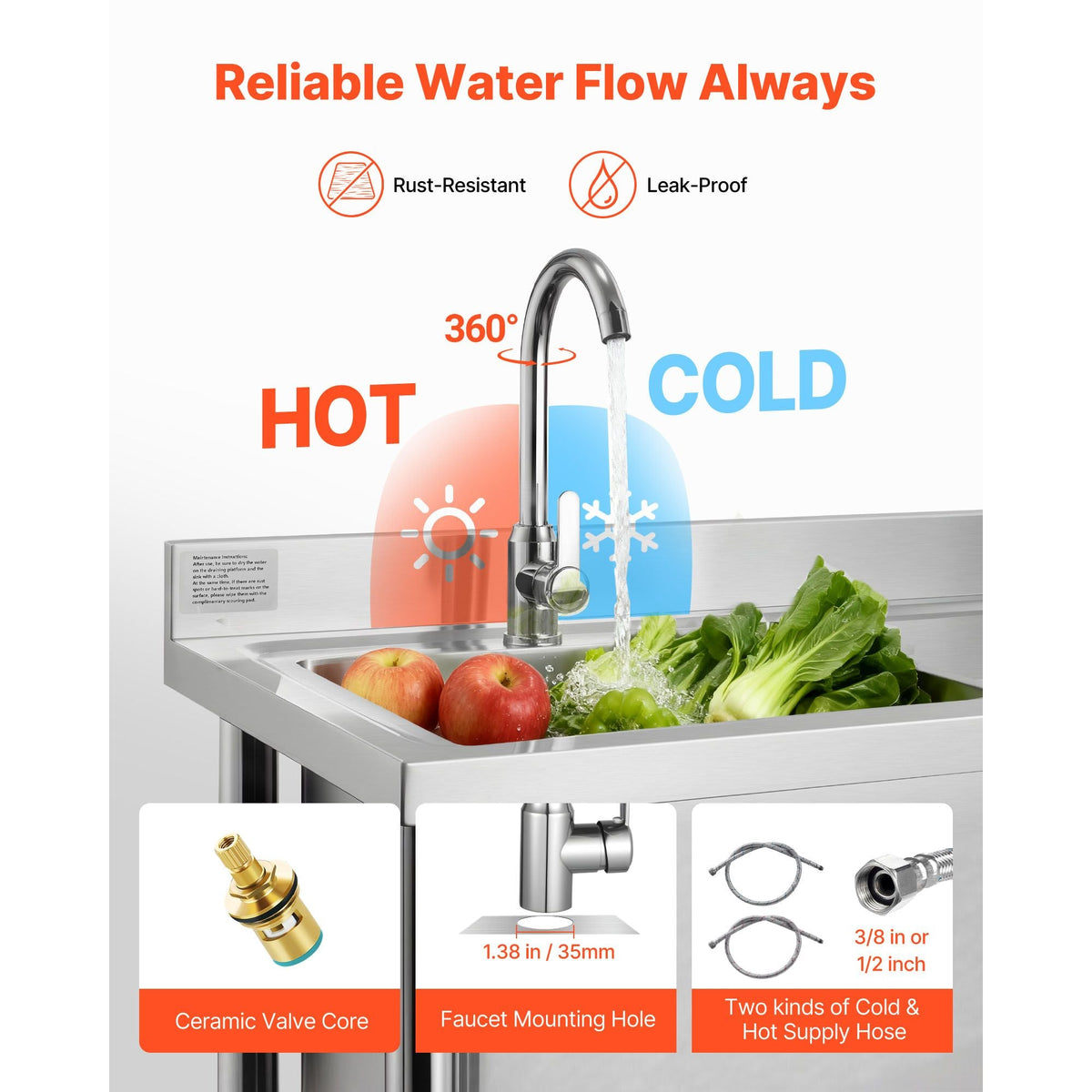 Stainless Steel Utility Sink, Free Standing Single Bowl Commercial Kitchen Sink with Faucet, Utility Right Basin Workbench with Hot & Cold Water Pipe for Garage Restaurant Laundry, 47x19.7x37 in