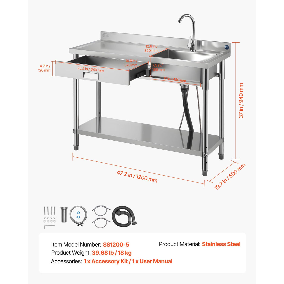 Stainless Steel Utility Sink, Rolling Single Bowl Commercial Kitchen Sink with Drawer, Faucet and Hot & Cold Water Pipe, Utility Basin for Garage, Restaurant, Laundry, 47.2 x 19.7 x 37 in