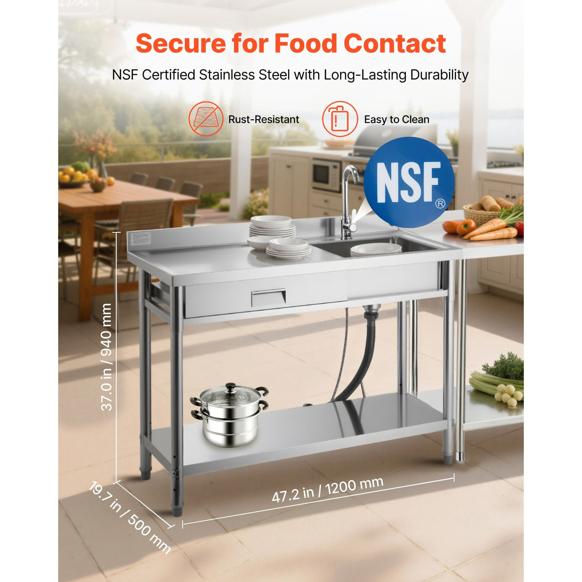 Stainless Steel Utility Sink, Rolling Single Bowl Commercial Kitchen Sink with Drawer, Faucet and Hot & Cold Water Pipe, Utility Basin for Garage, Restaurant, Laundry, 47.2 x 19.7 x 37 in