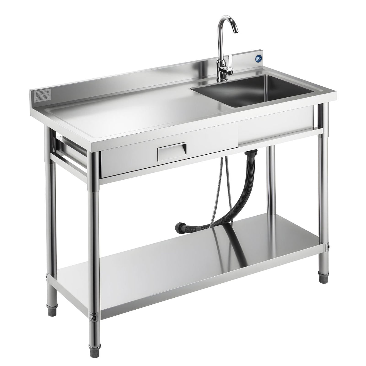 Stainless Steel Utility Sink, Rolling Single Bowl Commercial Kitchen Sink with Drawer, Faucet and Hot & Cold Water Pipe, Utility Basin for Garage, Restaurant, Laundry, 47.2 x 19.7 x 37 in