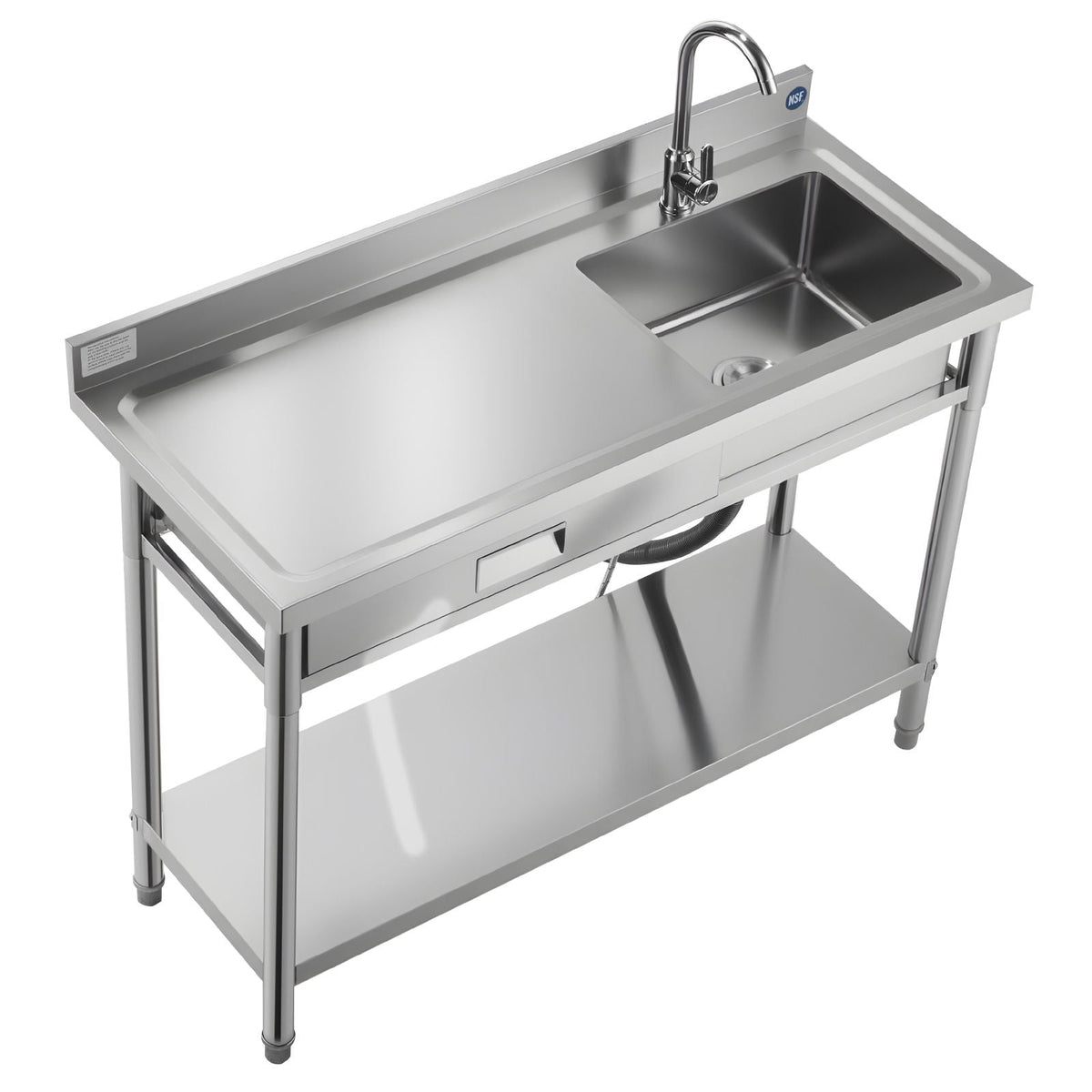 Stainless Steel Utility Sink, Rolling Single Bowl Commercial Kitchen Sink with Drawer, Faucet and Hot & Cold Water Pipe, Utility Basin for Garage, Restaurant, Laundry, 47.2 x 19.7 x 37 in