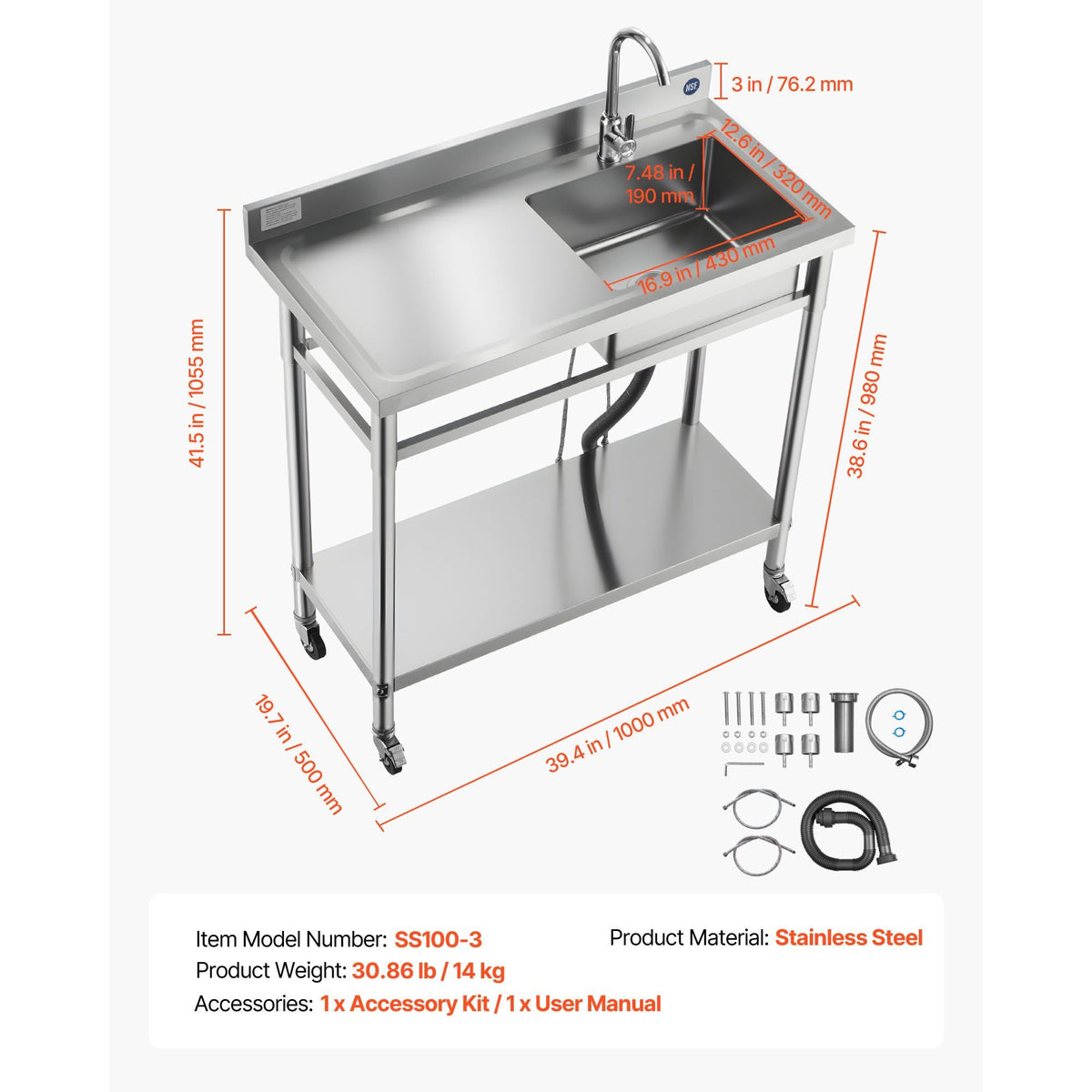 Stainless Steel Utility Sink, Rolling Single Bowl Commercial Kitchen Sink with Wheels, Faucet and Hot & Cold Water Pipe, Utility Basin Workbench for Garage Restaurant Laundry 39.4x19.7x41.5in
