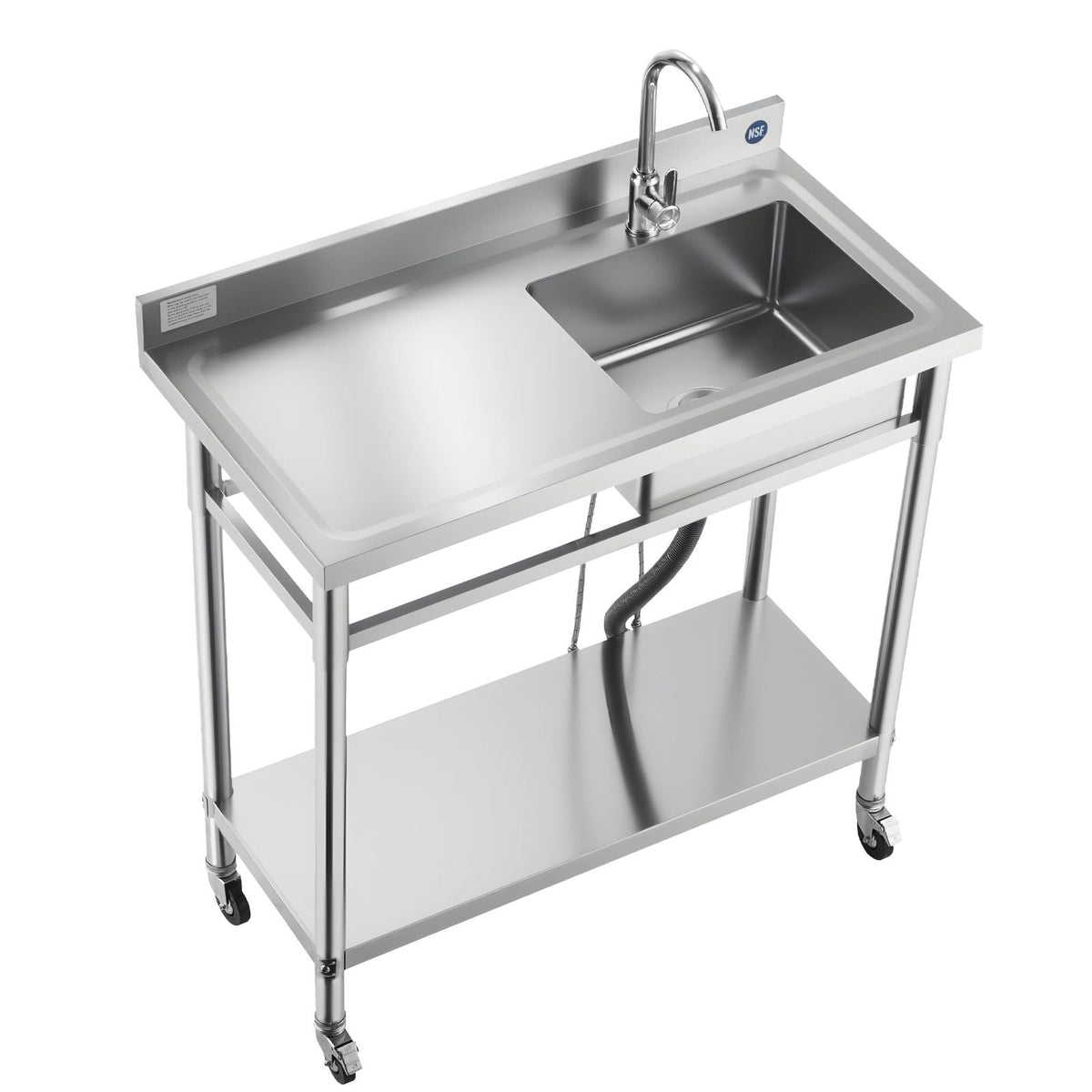 Stainless Steel Utility Sink, Rolling Single Bowl Commercial Kitchen Sink with Wheels, Faucet and Hot & Cold Water Pipe, Utility Basin Workbench for Garage Restaurant Laundry 39.4x19.7x41.5in