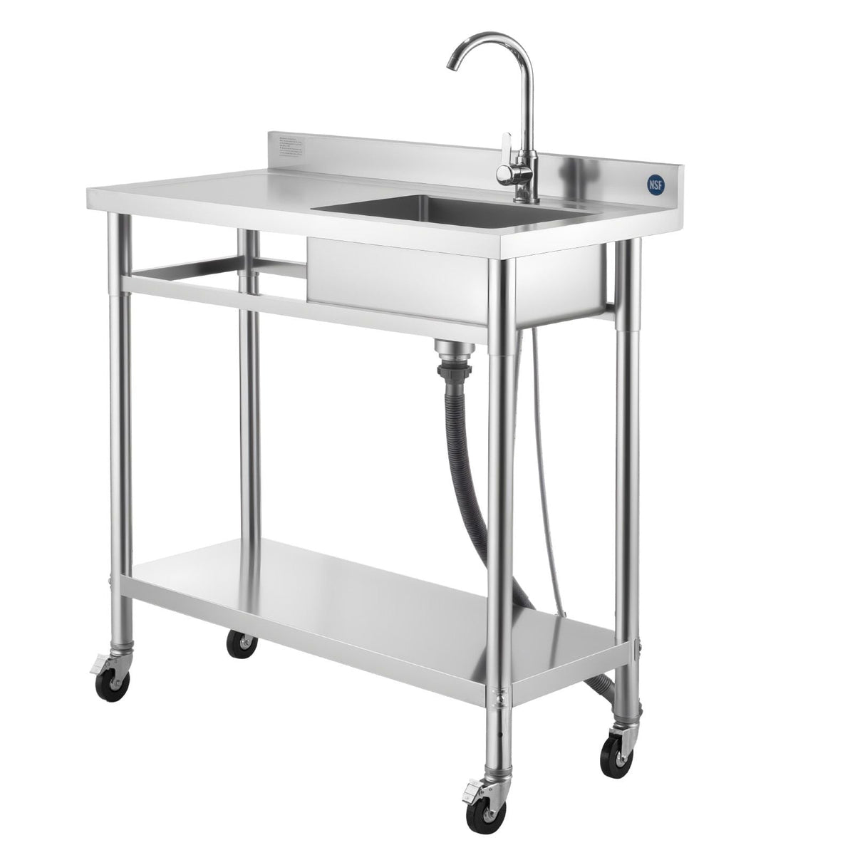 Stainless Steel Utility Sink, Rolling Single Bowl Commercial Kitchen Sink with Wheels, Faucet and Hot & Cold Water Pipe, Utility Basin Workbench for Garage Restaurant Laundry 39.4x19.7x41.5in