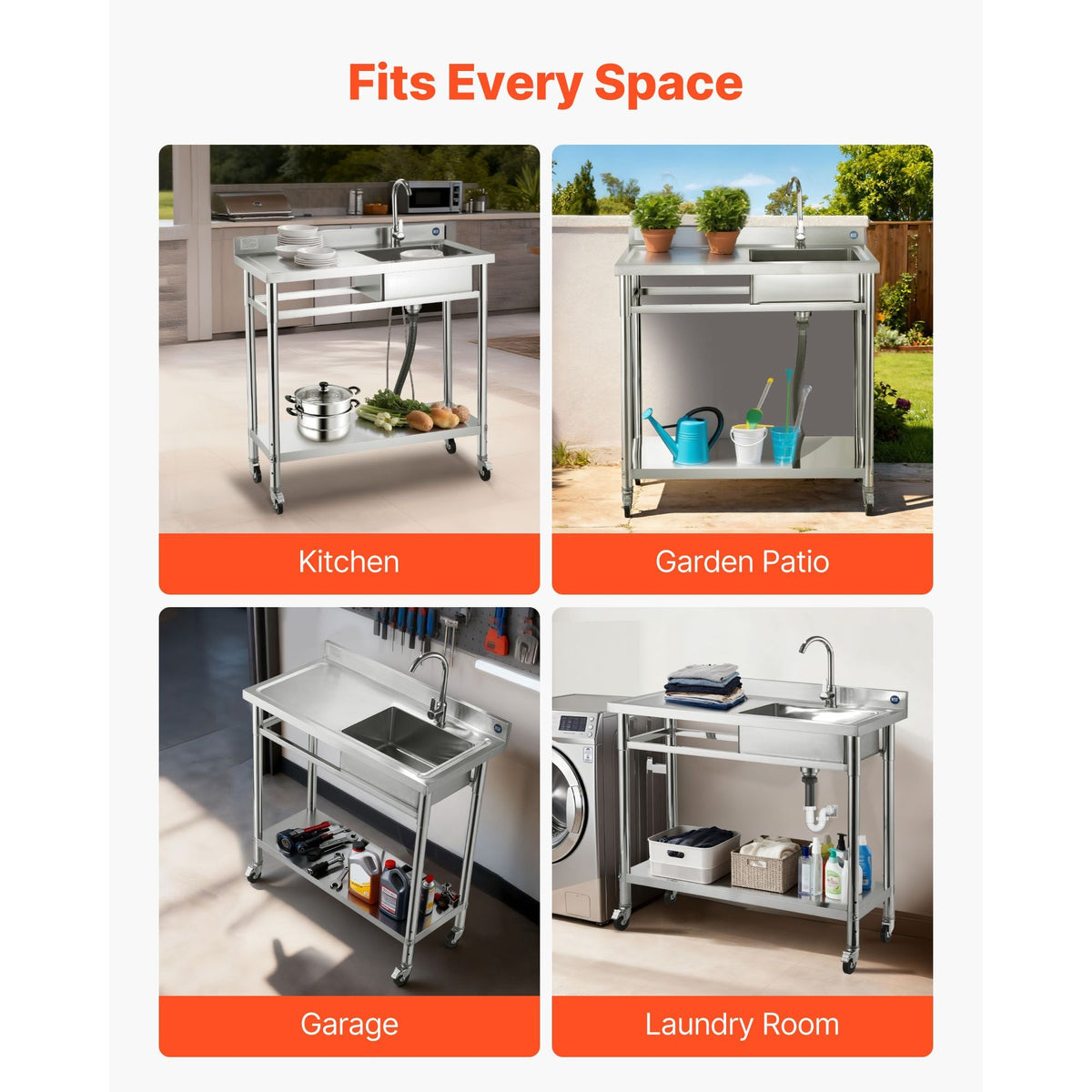 Stainless Steel Utility Sink, Rolling Single Bowl Commercial Kitchen Sink with Wheels, Faucet and Hot & Cold Water Pipe, Utility Basin Workbench for Garage Restaurant Laundry 39.4x19.7x41.5in