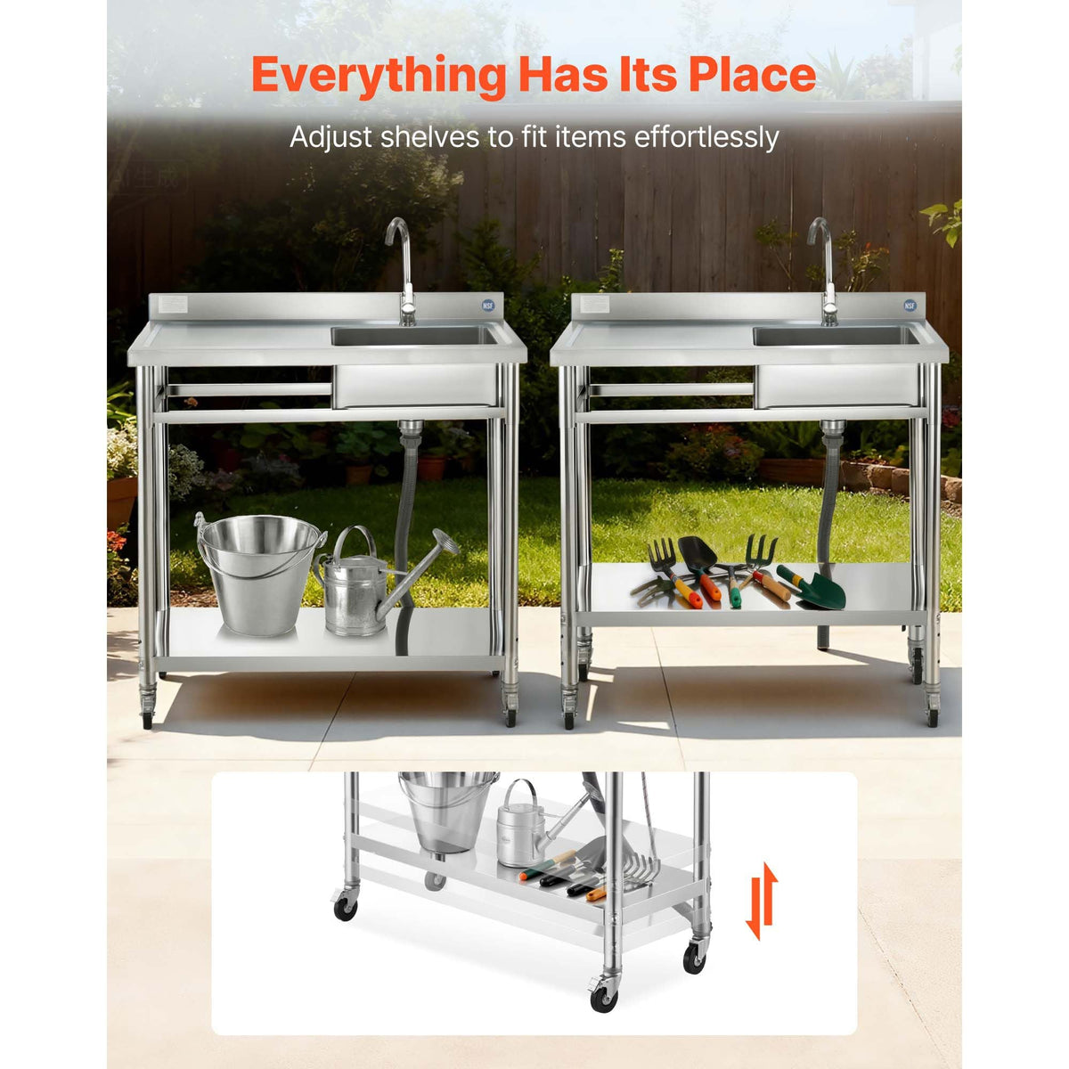 Stainless Steel Utility Sink, Rolling Single Bowl Commercial Kitchen Sink with Wheels, Faucet and Hot & Cold Water Pipe, Utility Basin Workbench for Garage Restaurant Laundry 39.4x19.7x41.5in