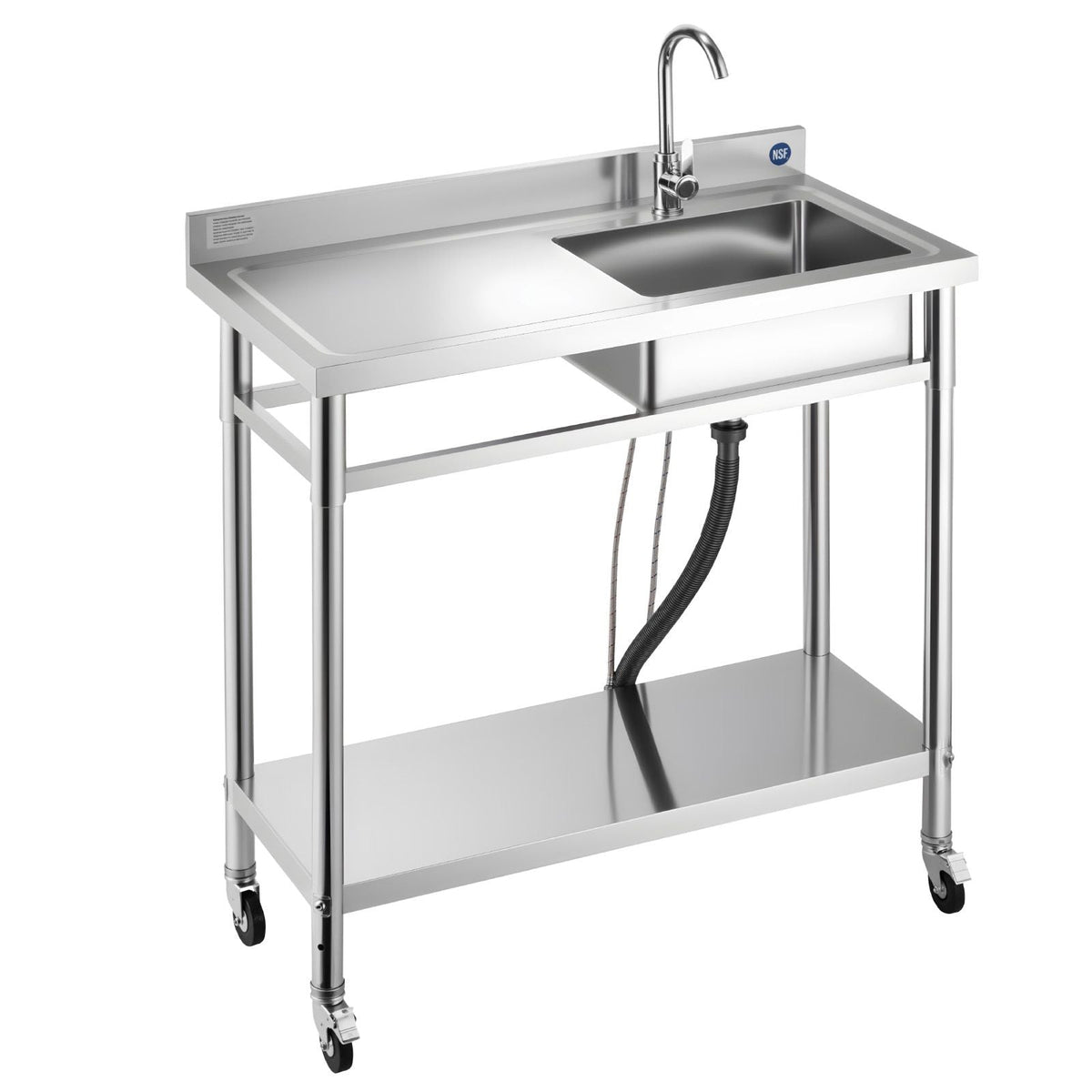 Stainless Steel Utility Sink, Rolling Single Bowl Commercial Kitchen Sink with Wheels, Faucet and Hot & Cold Water Pipe, Utility Basin Workbench for Garage Restaurant Laundry 39.4x19.7x41.5in