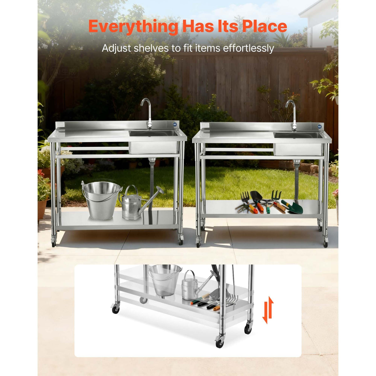 Stainless Steel Utility Sink, Rolling Single Bowl Commercial Kitchen Sink with Wheels, Faucet and Hot & Cold Water Pipe, Utility Basin Workbench for Restaurant Laundry 47.2 x 19.7 x 41.5 in