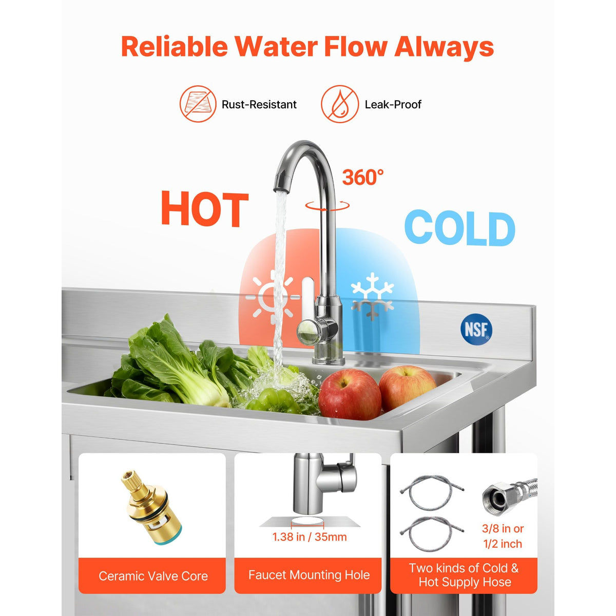 Stainless Steel Utility Sink, Rolling Single Bowl Commercial Kitchen Sink with Wheels, Faucet and Hot & Cold Water Pipe, Utility Basin Workbench for Restaurant Laundry 47.2 x 19.7 x 41.5 in