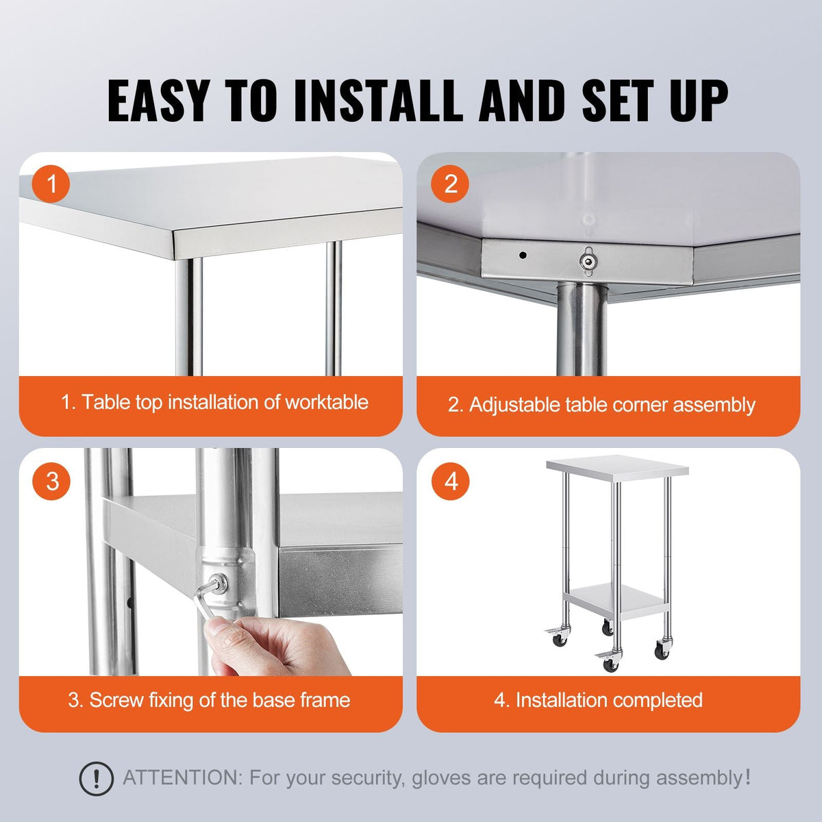 Stainless Steel Work Table 24 x 18 x 38 Inch, with 4 Wheels, 3 Adjustable Height Levels, Heavy Duty Food Prep Worktable for Commercial Kitchen Restaurant, Silver