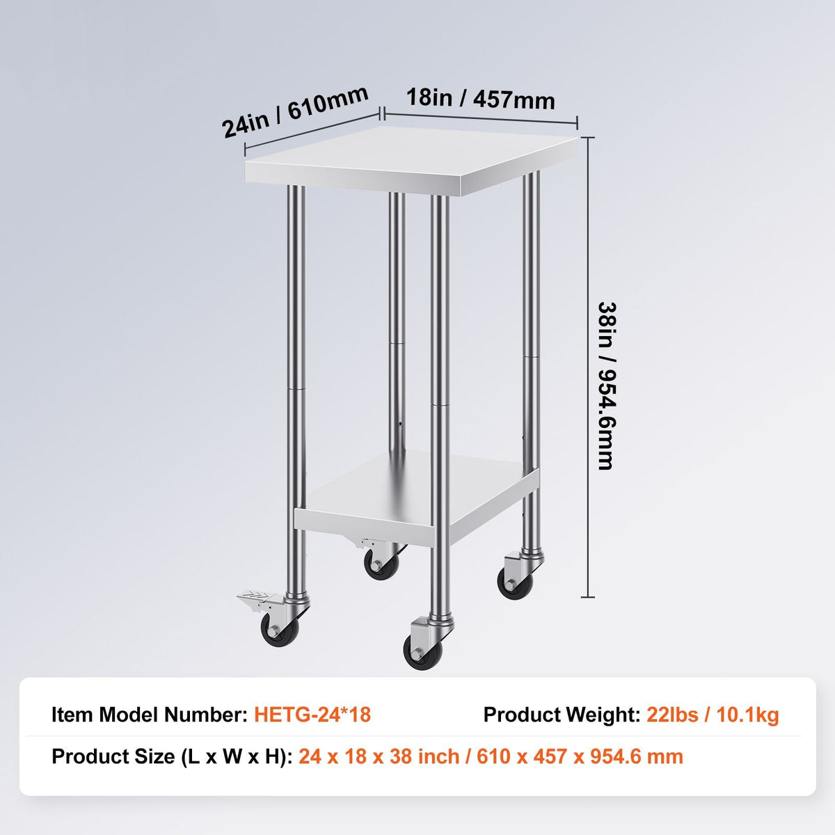Stainless Steel Work Table 24 x 18 x 38 Inch, with 4 Wheels, 3 Adjustable Height Levels, Heavy Duty Food Prep Worktable for Commercial Kitchen Restaurant, Silver