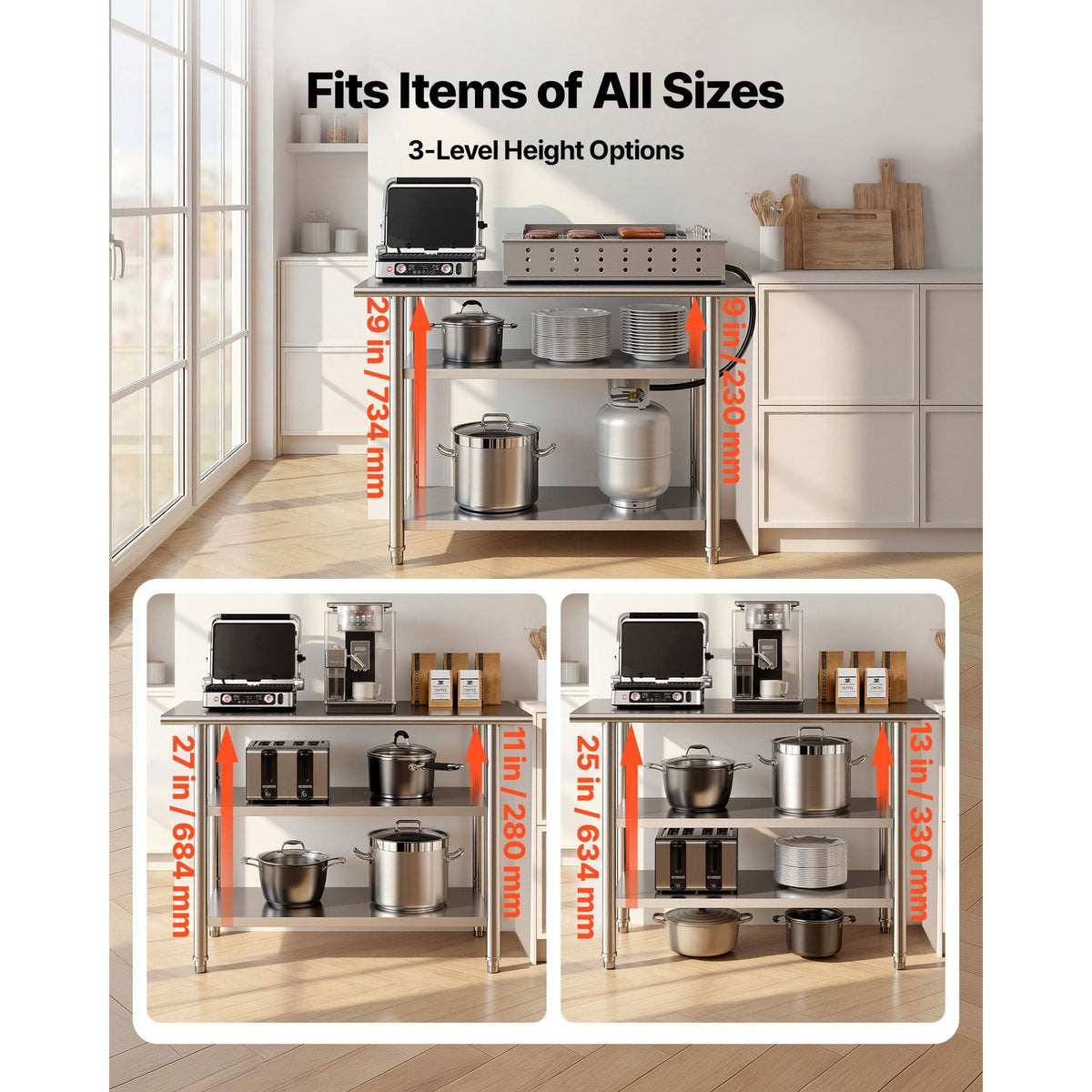 Stainless Steel Work Table, 24x48 Inch Food Prep Table with 2 Shelves, Commercial Kitchen Workstation, Metal Heavy Duty Utility Worktable, for Restaurant Home Hotel Garage Outdoor