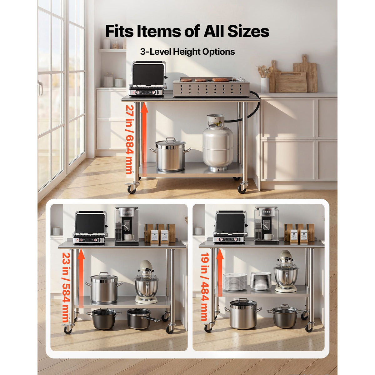 Stainless Steel Work Table, 24x48 inch Food Prep Table with Wheels, Commercial Kitchen Workstation with Adjustable Undershelf, Metal Heavy Duty Utility Worktable, for Restaurant Home Outdoor