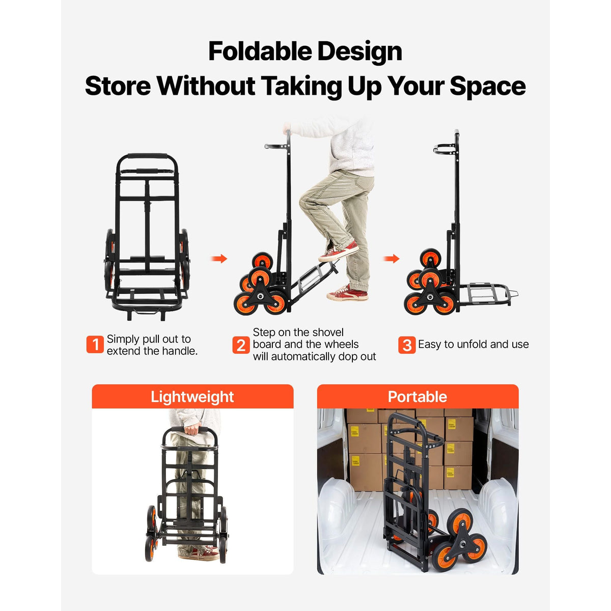 Stair Climbing Cart, 220 lbs Stair-Climbing Capacity, Heavy-Duty Folding Trolley Cart with Telescoping Handle, 6 Wheels and 2 Bungee Cords, Stair Climber Dolly for Home, Groceries, Warehouse