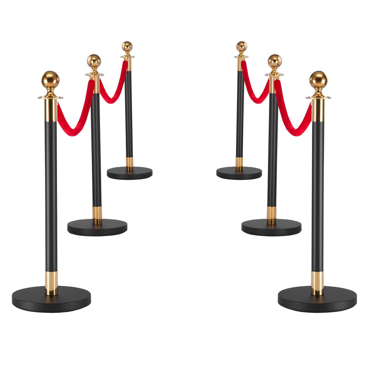 Stanchion Post, 6 Pcs Crowd Control Barrier Set with Red Carpet, 4 Red Velvet Ropes, Stainless Steel Gold Stanchion Post Queue with Hollow Base for Theater, Party, Wedding, Exhibition (Black)
