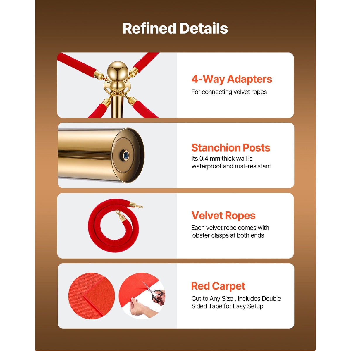 Stanchion Post, 8 Pcs Crowd Control Barrier Set with Red Carpet, 6 Red Velvet Ropes, Stainless Steel Gold Stanchion Post Queue with Hollow Base for Theater, Party, Wedding, Exhibition (Gold)