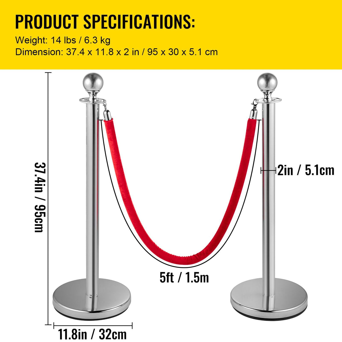 Stanchion Post with Velvet Ropes, 6-Pack Crowd Control Stanchion with 3PCS 5FT Red Velvet Ropes, Stainless Steel Queue Barrier Line Divider with Ball Top for Events, Museums, Parties