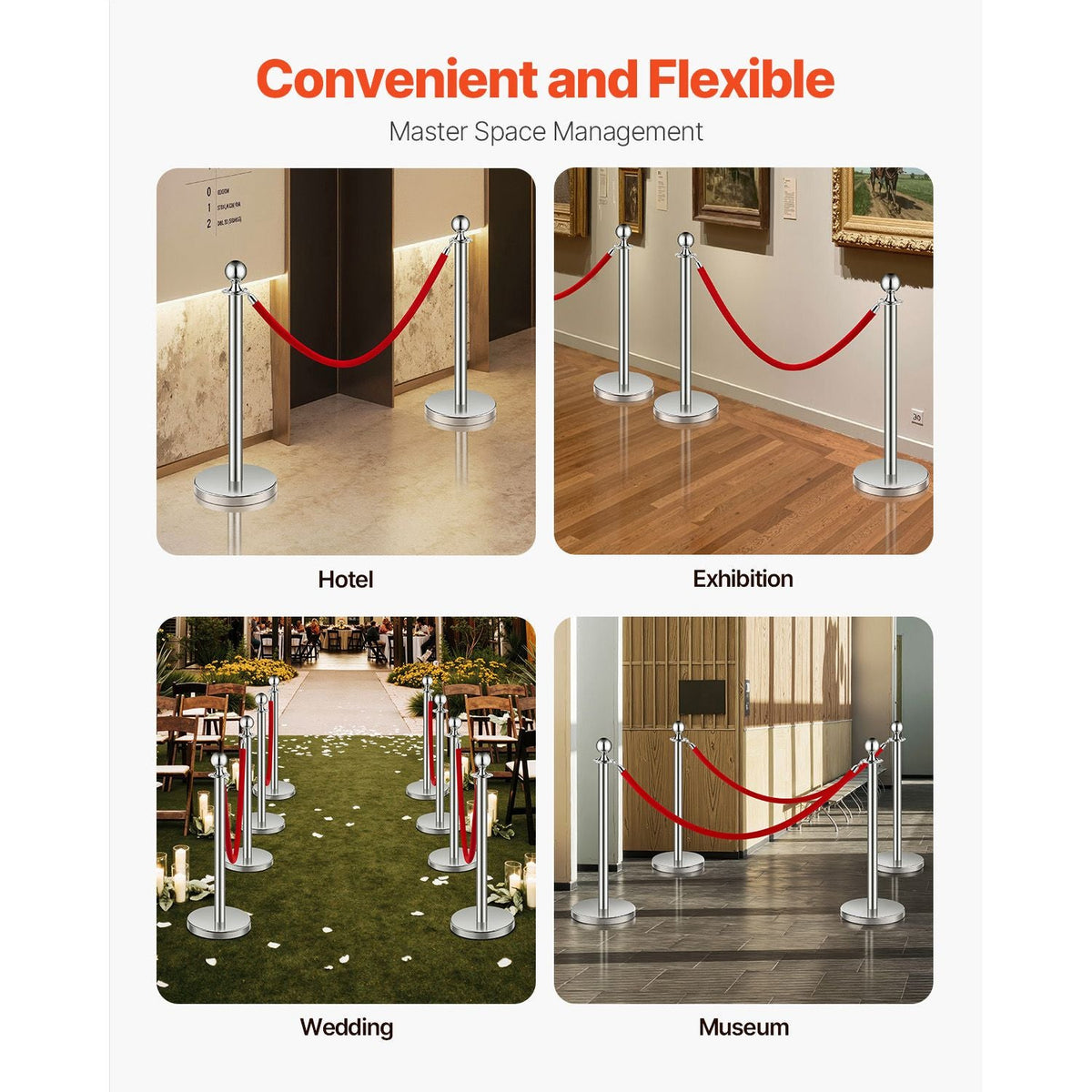 Stanchions and Velvet Ropes 4Pcs, Hollow Base with Stainless Steel Post, 2 Red Velvet Ropes and Posts, Crowd Control Barriers Silver Stanchions, Red Carpet Runner Poles for Party Supplies
