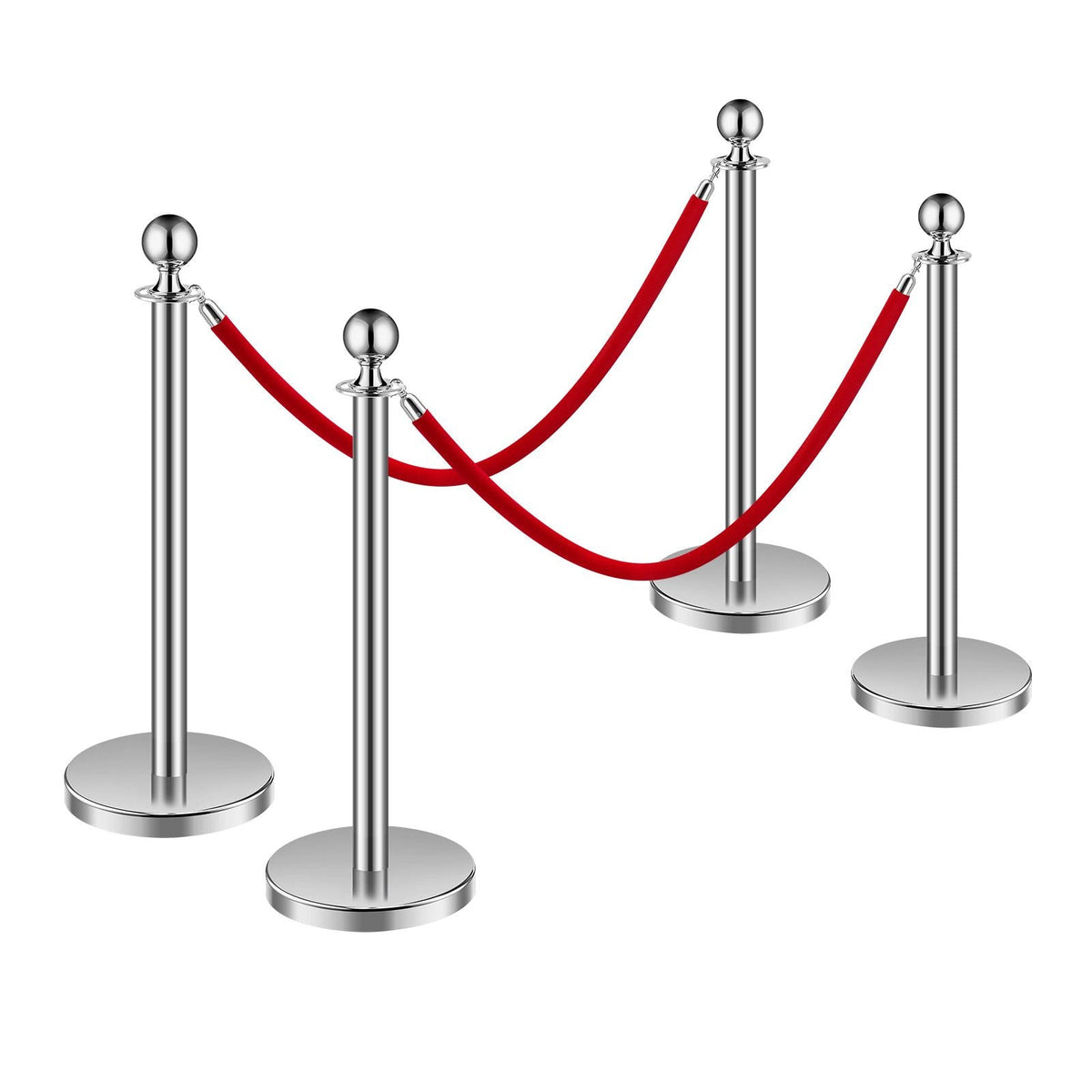 Stanchions and Velvet Ropes 4Pcs, Hollow Base with Stainless Steel Post, 2 Red Velvet Ropes and Posts, Crowd Control Barriers Silver Stanchions, Red Carpet Runner Poles for Party Supplies