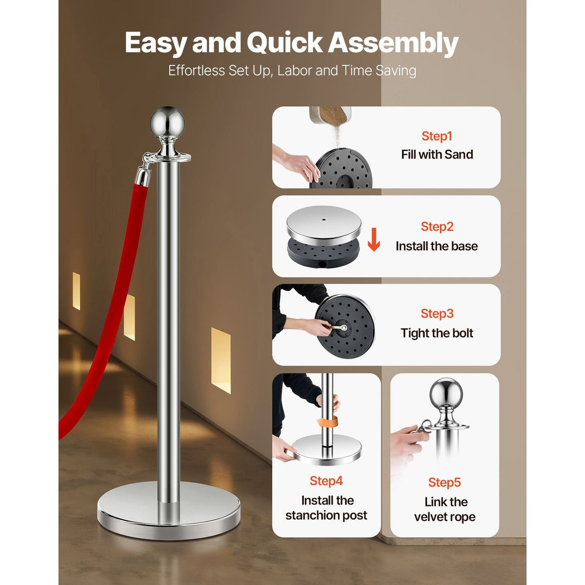Stanchions and Velvet Ropes 4Pcs, Hollow Base with Stainless Steel Post, 2 Red Velvet Ropes and Posts, Crowd Control Barriers Silver Stanchions, Red Carpet Runner Poles for Party Supplies