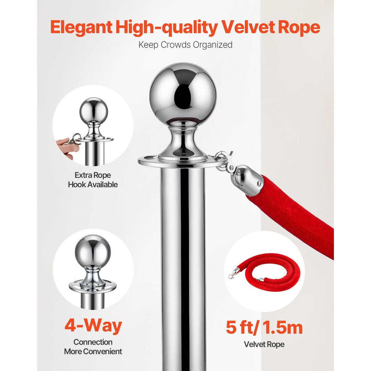 Stanchions and Velvet Ropes 4Pcs, Hollow Base with Stainless Steel Post, 2 Red Velvet Ropes and Posts, Crowd Control Barriers Silver Stanchions, Red Carpet Runner Poles for Party Supplies