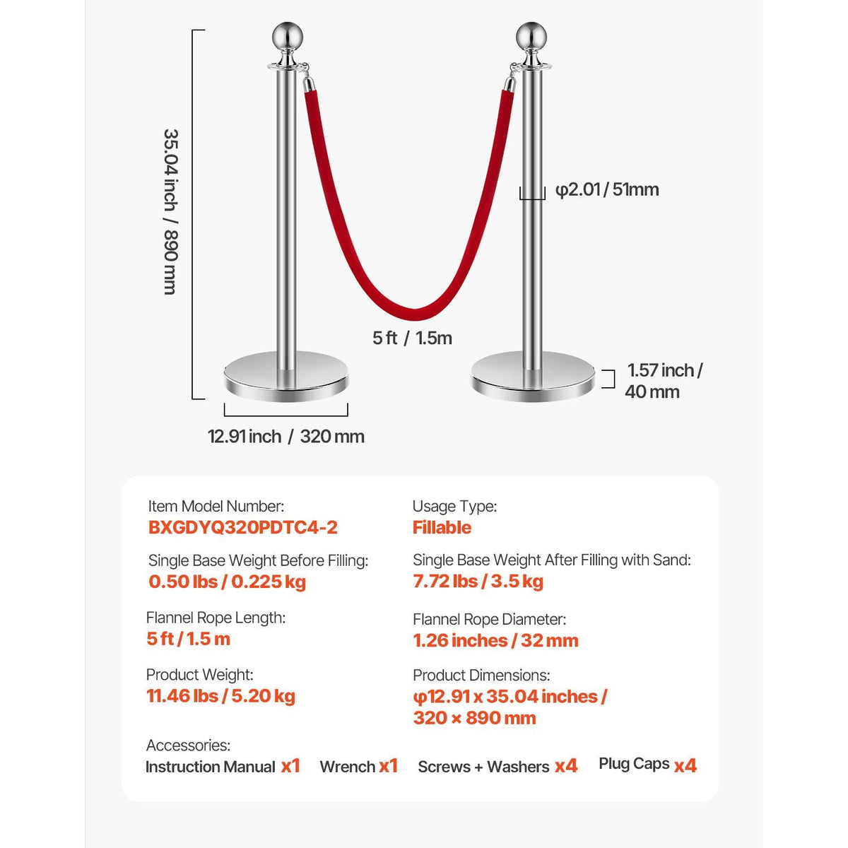 Stanchions and Velvet Ropes 4Pcs, Hollow Base with Stainless Steel Post, 2 Red Velvet Ropes and Posts, Crowd Control Barriers Silver Stanchions, Red Carpet Runner Poles for Party Supplies