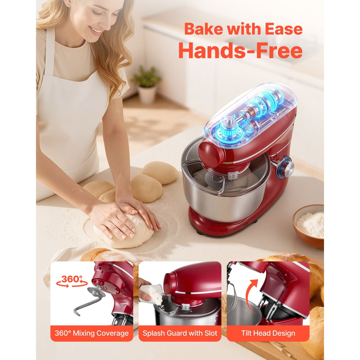 Stand Mixer, 6 QT Electric Kitchen Mixer, 660W Dough-Mixer, 6+P Speeds Tilt-head Food-Mixer with 1.6 QT Blender Cup, Stainless Steel Bowl, Dough Hook, Whisk, Beater, for Baking, Mixing, Red