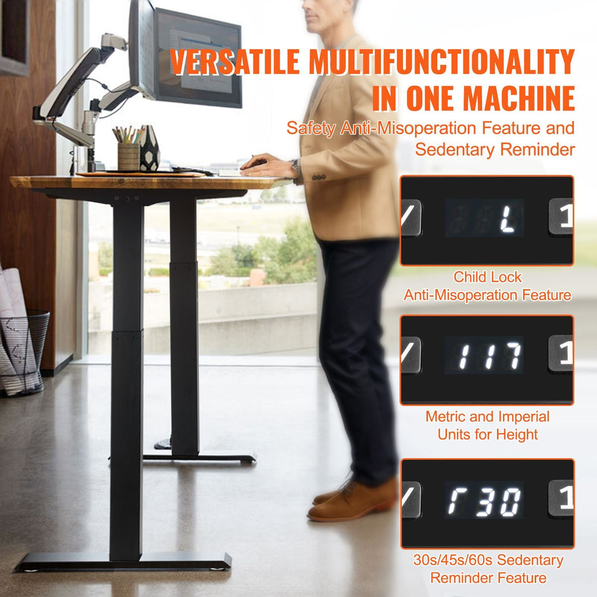 Standing Desk Frame, Adjustable 27.6-46.1 inch Height & 35.4-53.2 inch Length Electric Stand Up Computer Desk Legs, Ergonomic DIY Workstation Base for Home and Office (Black Frame Only)