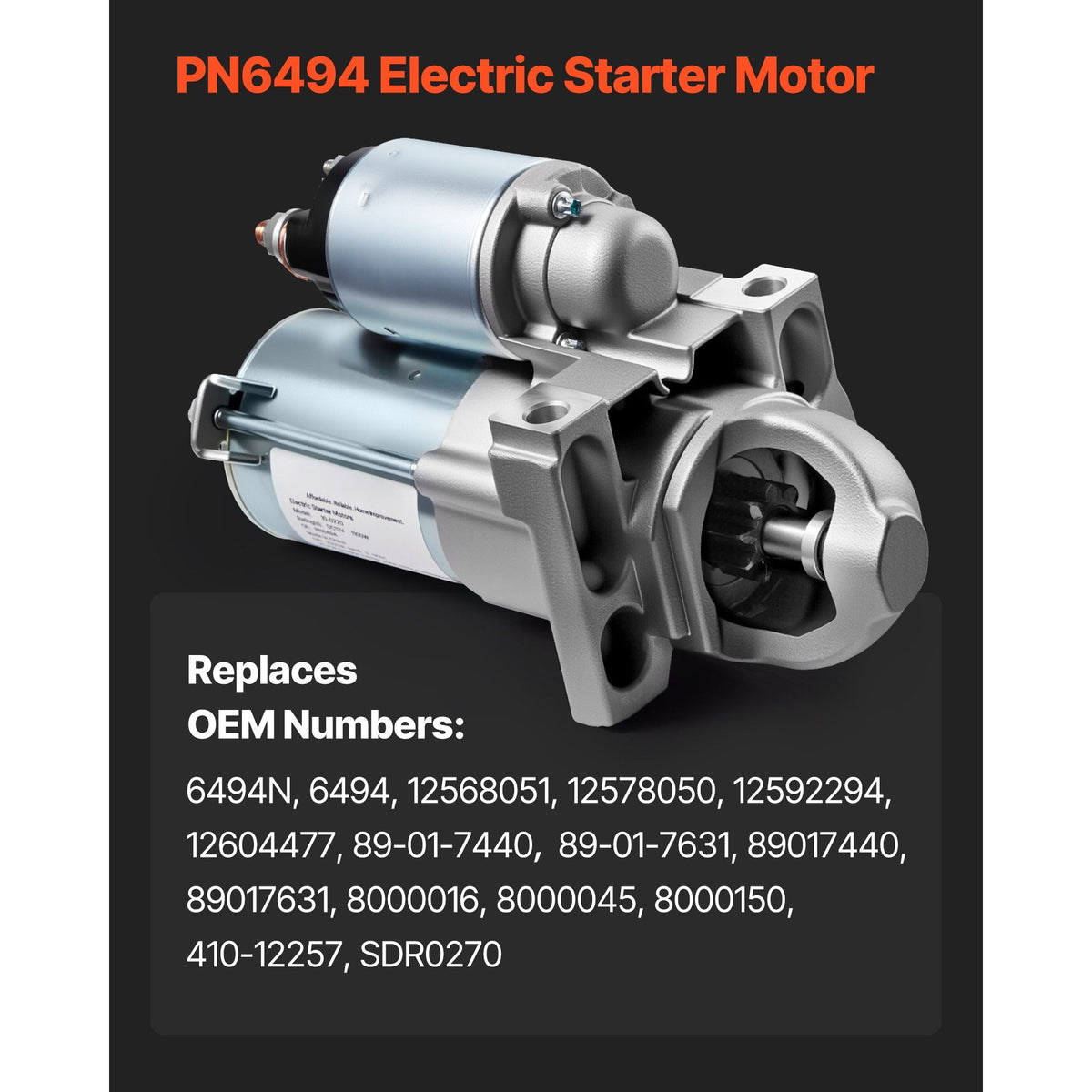 Starter 6494, Starter Motor Replacement Compatible with Buick Rainier V8 5.3L 2004-2007, Cadillac Escalade V8 5.3L 2003-2005, Chevrolet GMC Isuzu Saab, OEM 12568051 89-01-7440 89017440 SDR0270
