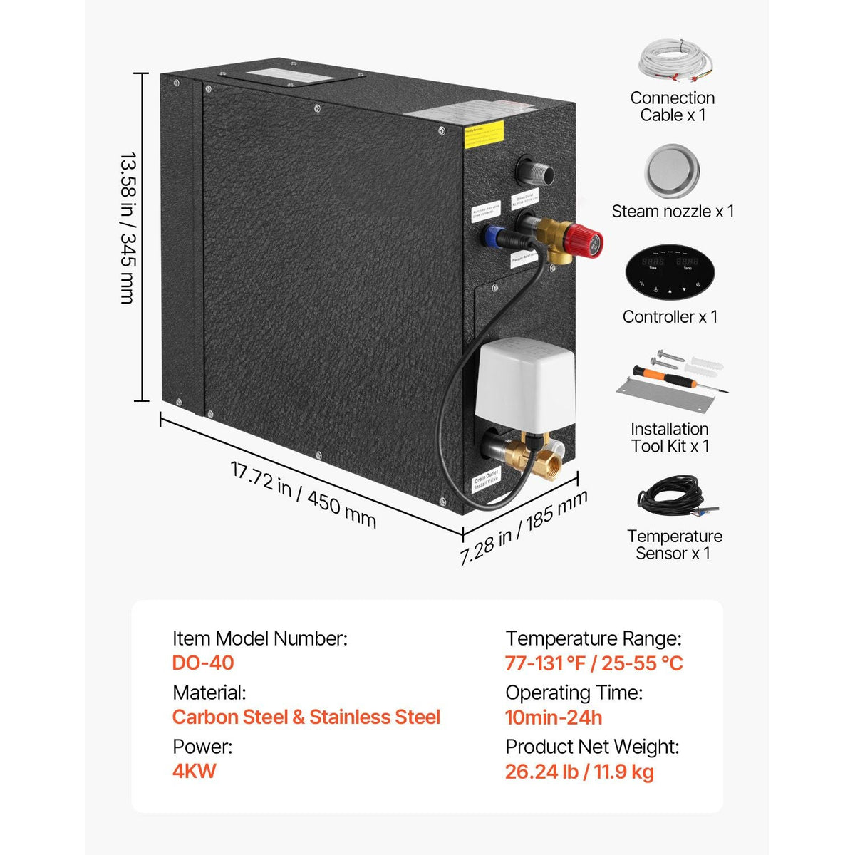 Steam Generator, 4 kW Steam Shower System with Controller for Home Sauna Bath Spa, Commercial Auto Drain Kit with Overheat, Dry-Run & Overpressure Protection, 10 Min to 24h Efficient, Black