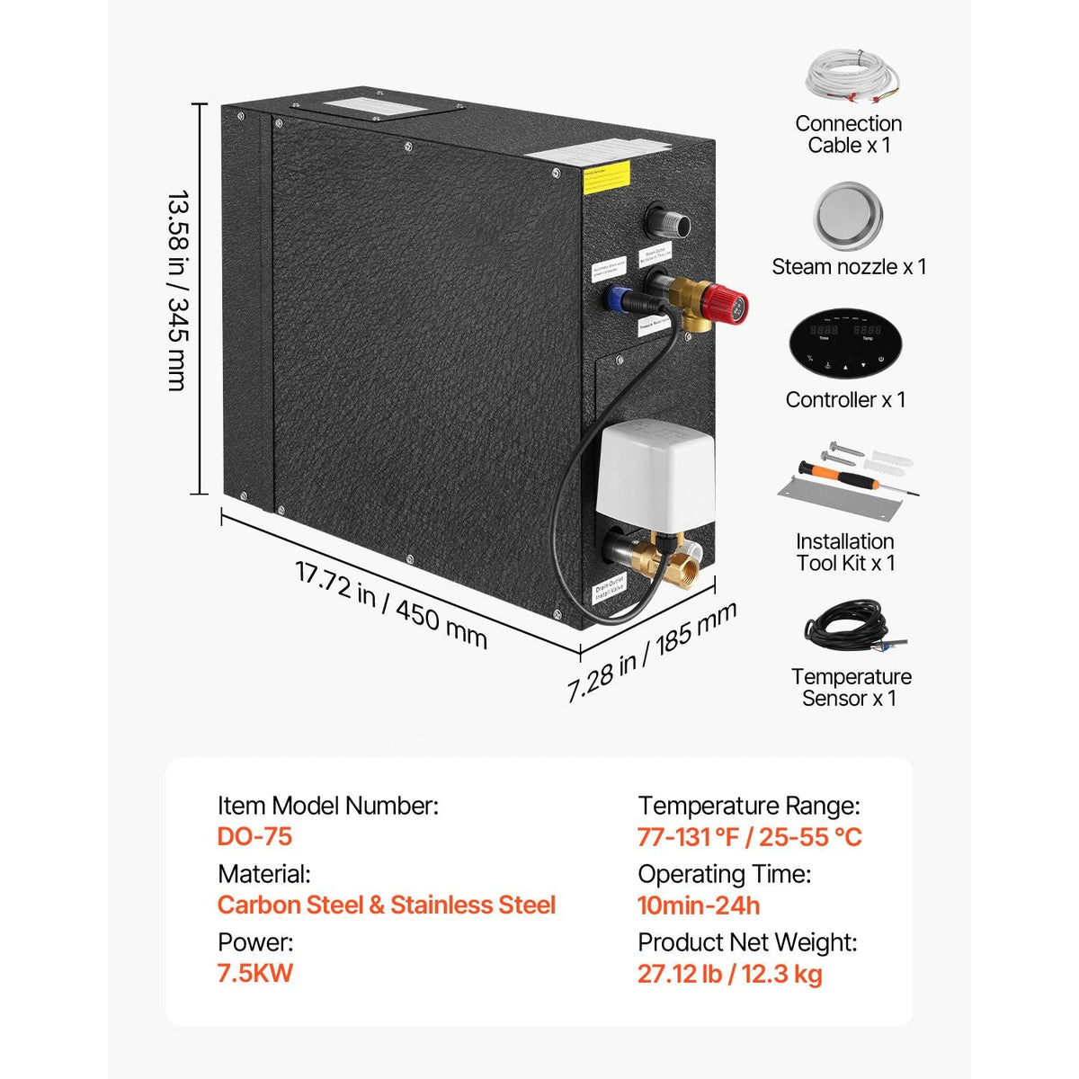 Steam Generator, 7.5 kW Steam Shower System with Controller for Home Sauna Bath Spa, Commercial Auto Drain Kit with Overheat, Dry-Run & Overpressure Protection, 10 Min to 24h Efficient, Black