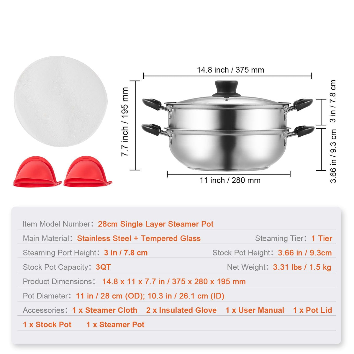 Steamer Pot, 11in/28cm Steamer Pot for Cooking with 3QT Stock Pot and Vegetable Steamer, Food-Grade 304 Stainless Steel Food Steamer Cookware with Lid for Gas Electric Induction Grill Stove